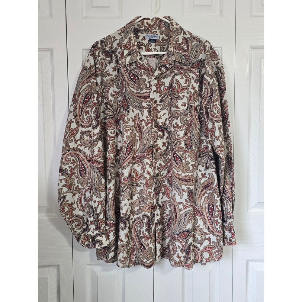 Bullock & Jones Mens XXL Paisley Linen Cotton Button Down Shirt Made in USA Tan